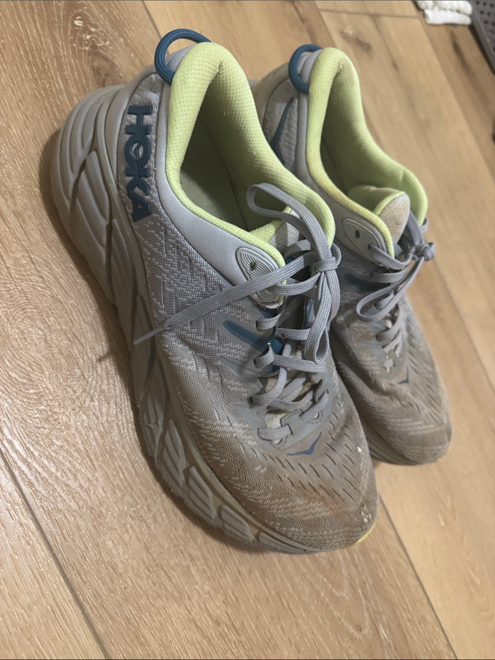 Hoka Running Shoes in Light Gray with Lime Accents - Picture 4 of 9